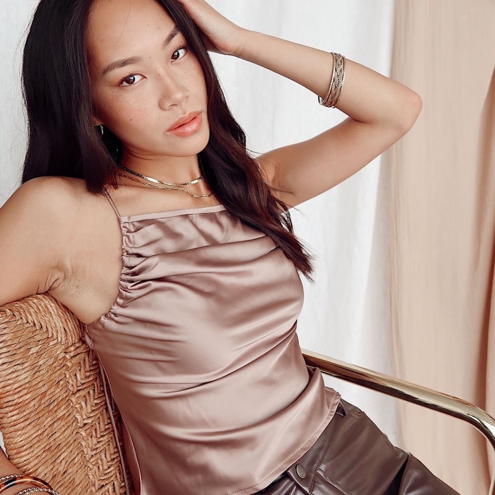 Lost In Paris top by 12th tribe. Taupe colored satin top